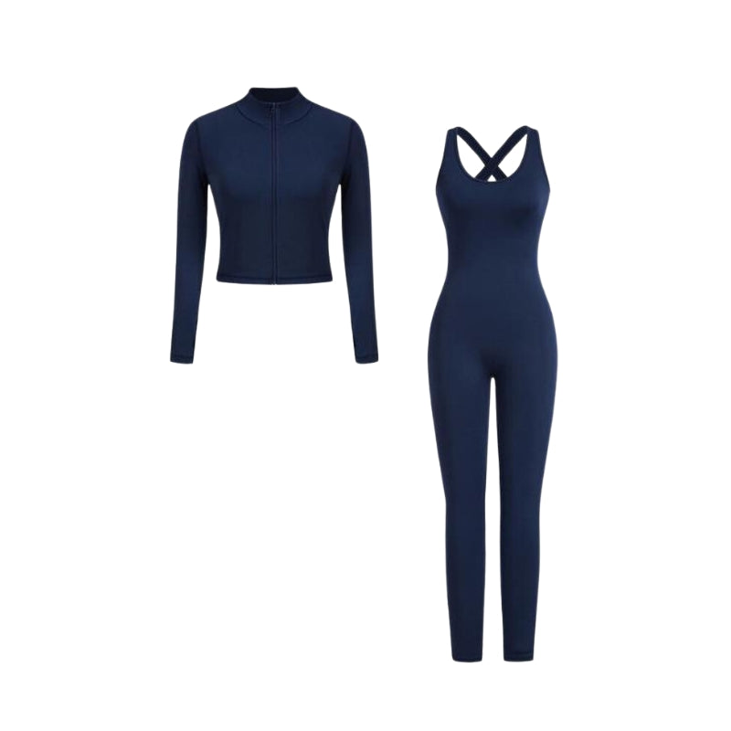 Zip up Crop Top & Cut Out Overalls Jumpsuit Two-Piece Set My Store